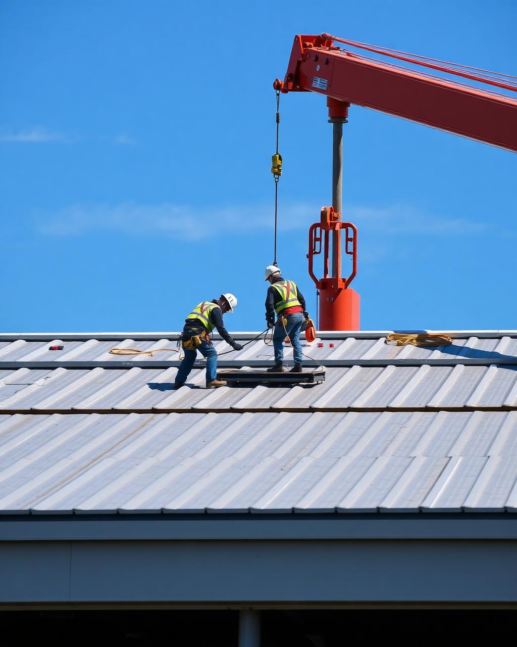 Equipe especializada instalando cobertura metálica em obra comercial